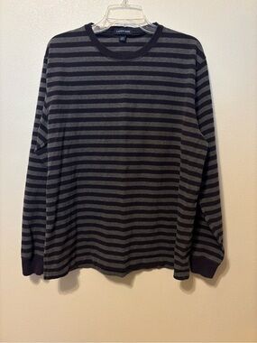 Lands' End Men's Black and Gray Striped Long-Sleeve Tee Shirt